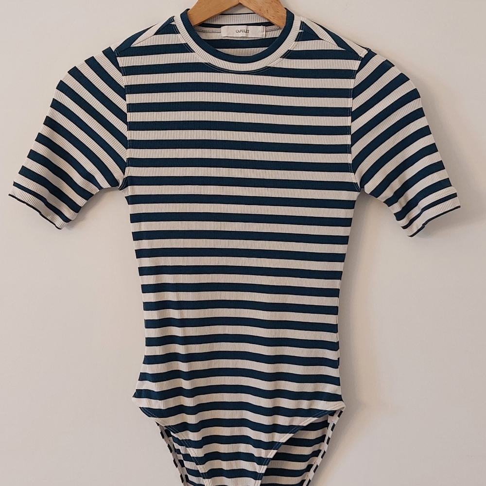 Capulet Short Sleeve Striped Teal/Cream Ribbed Knit Bodysuit size S